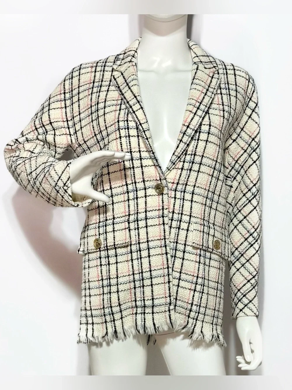 Maje preppy coquette style cream multicolored plaid blazer with gold button | 34